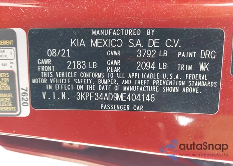 2021 Kia Forte Gt-Line from USA, damaged, VIN 3KPF34AD9ME404146